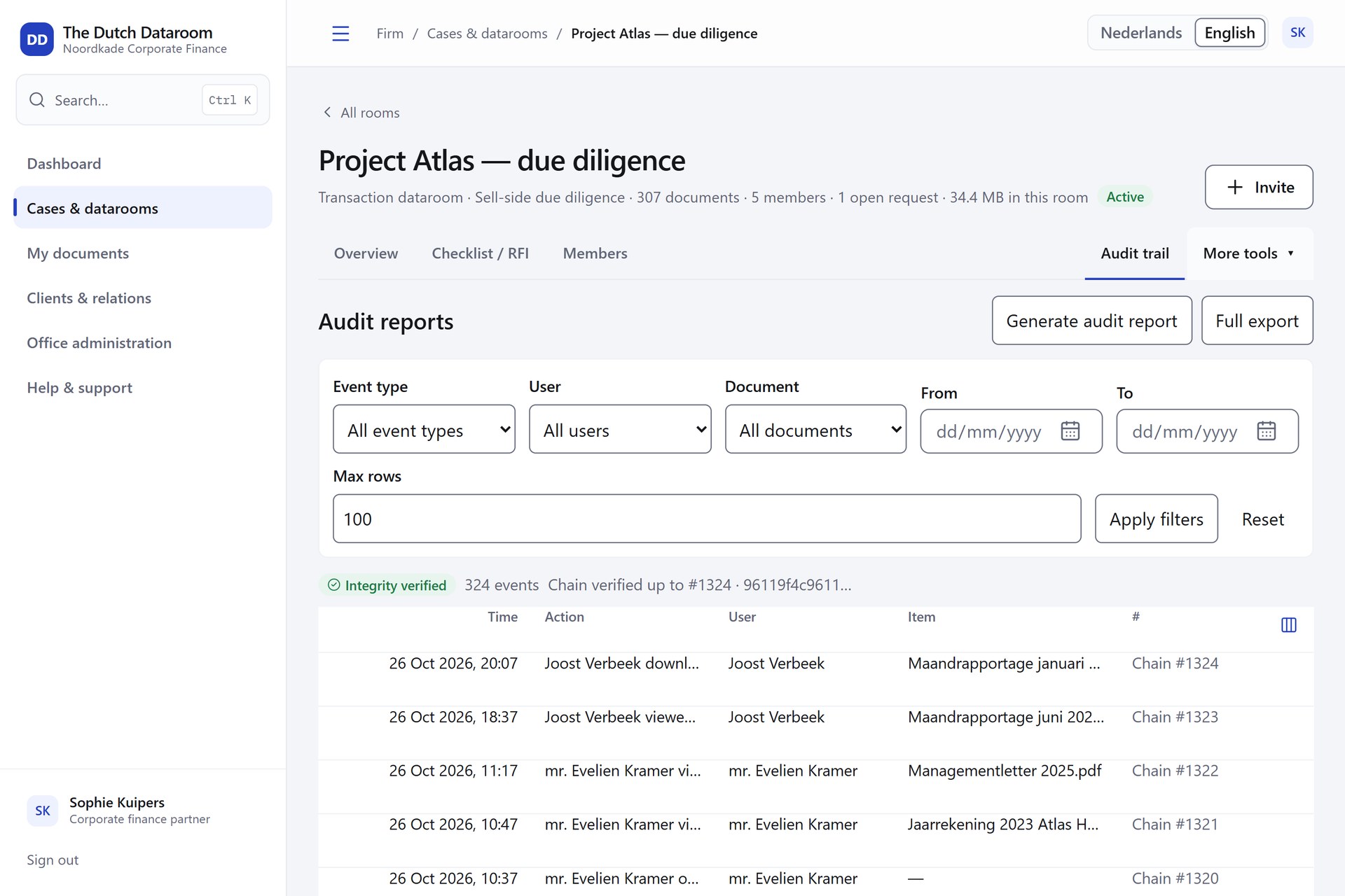 Actual app screen: the audit trail with a verified hash chain