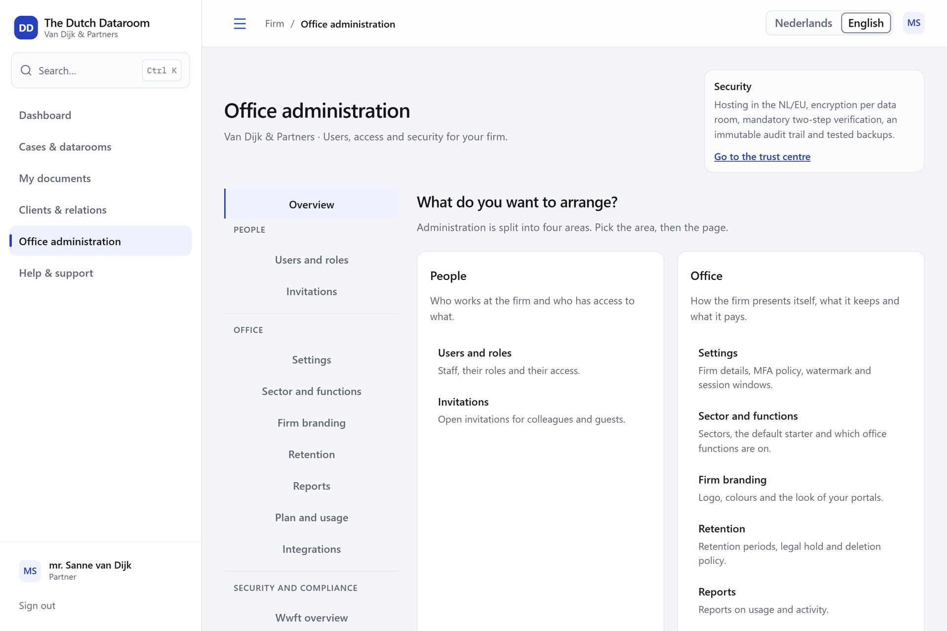 Actual app screen: office administration with people, office and security