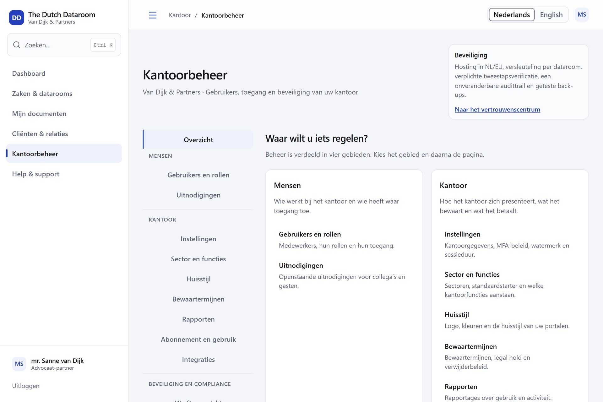 Echt appscherm: kantoorbeheer met mensen, kantoor en beveiliging
