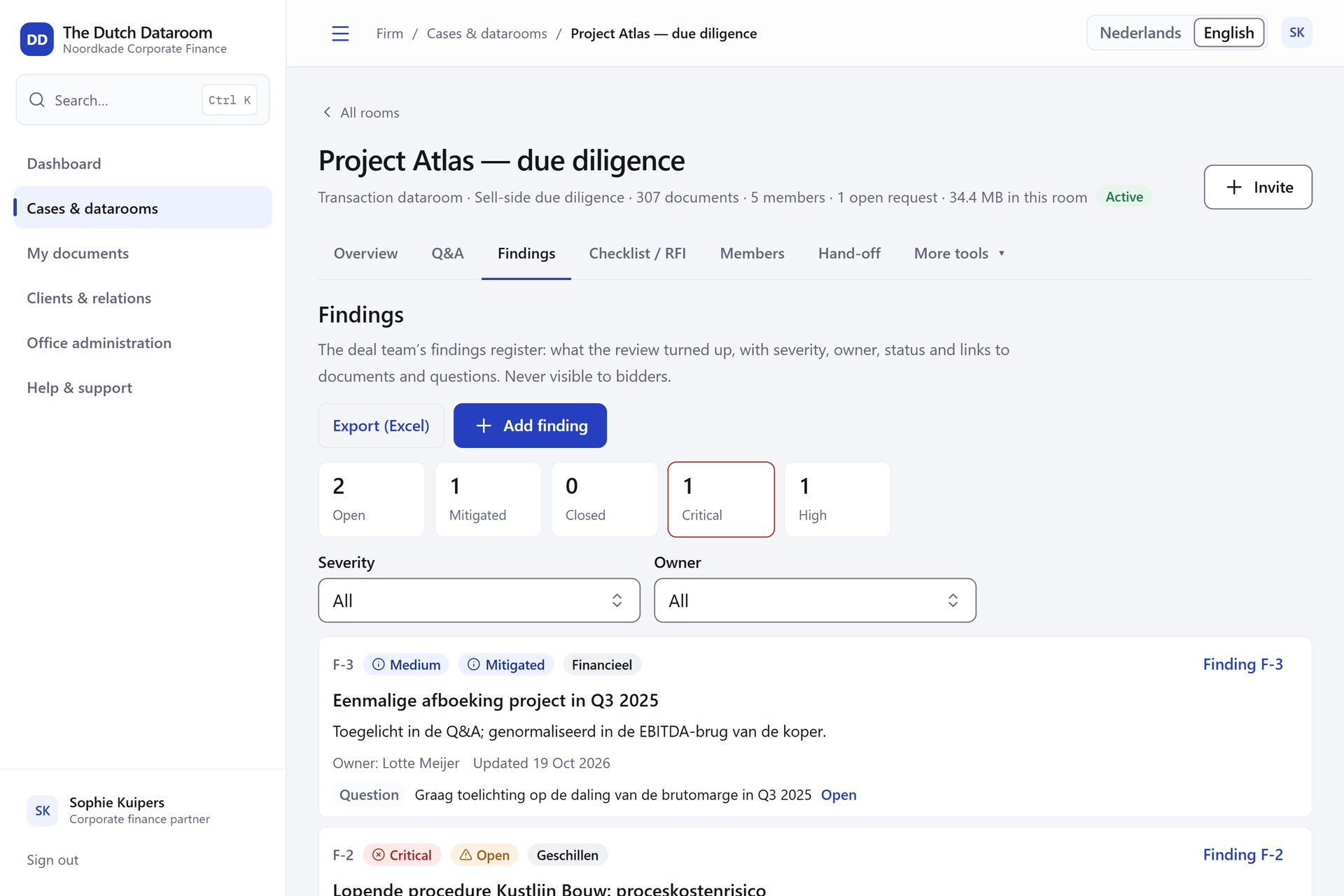 Actual app screen: the findings register with severity, owner and status