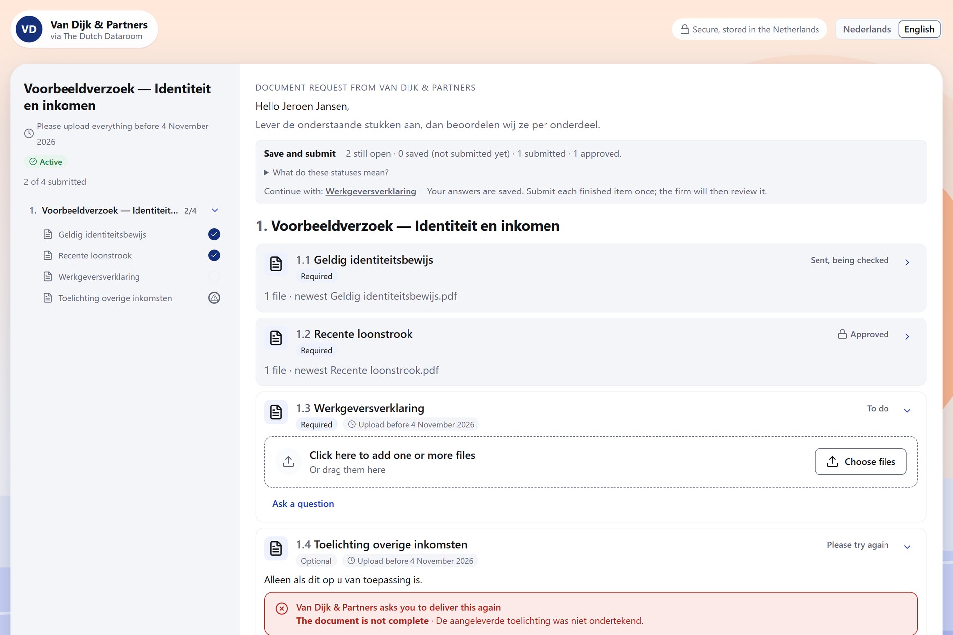Actual client portal with English controls, requested documents and review statuses