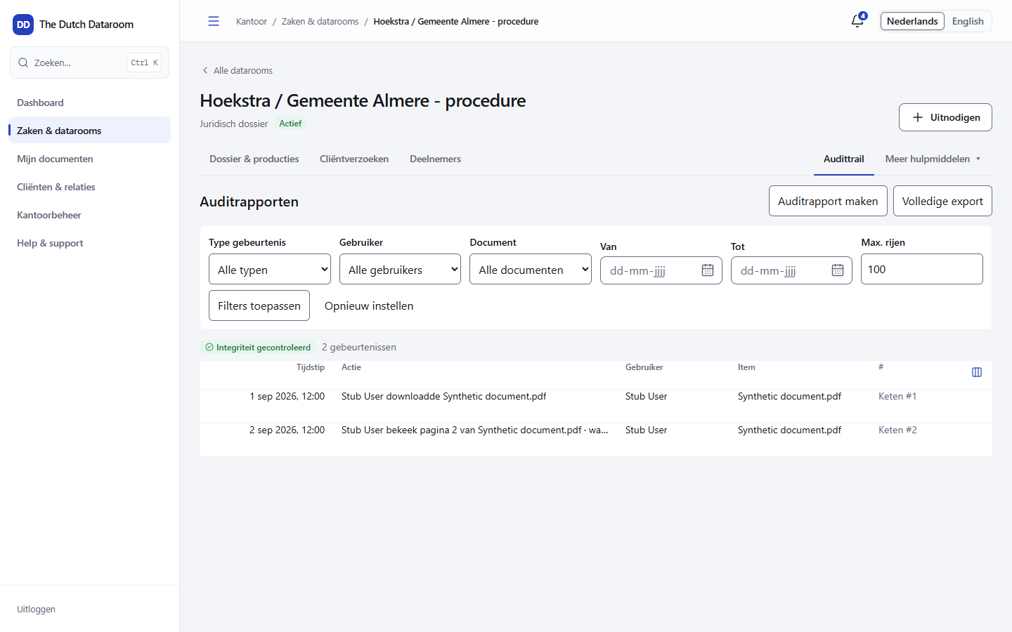 Audittrail met tijdstip, persoon, gebeurtenis en document per regel