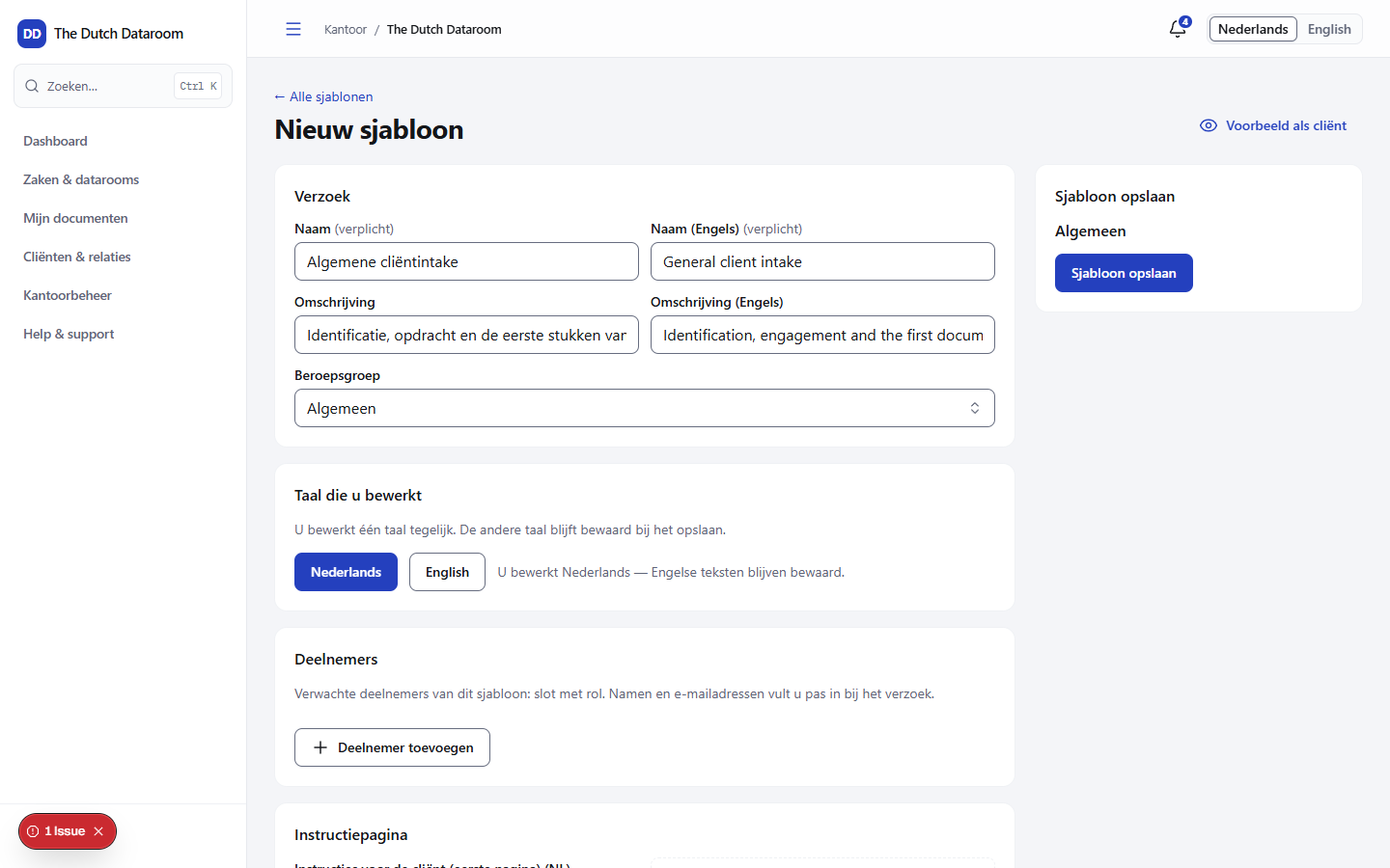 Template-editor met naam, beschrijving, beroepsgroep en de secties eronder