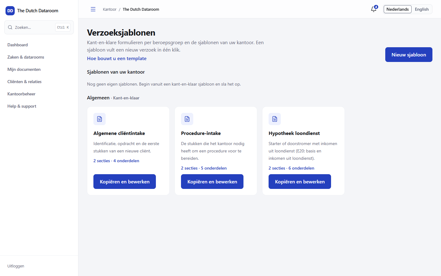 Templatebibliotheek met starters en bestaande templates per soort intake