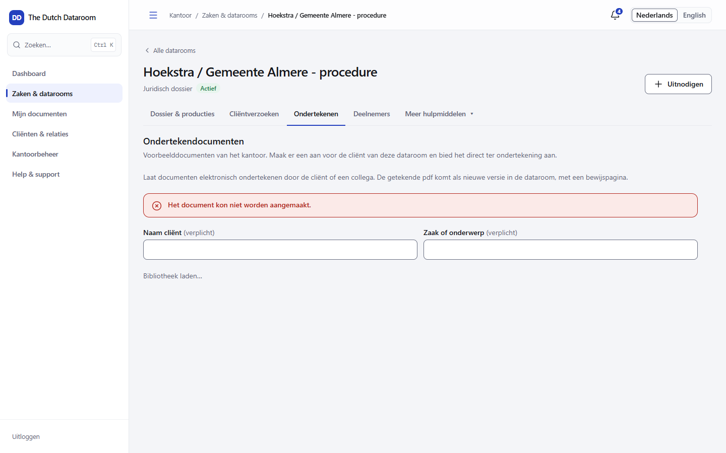 Ondertekenwerkruimte met beschikbare documenten en de knop om aan te bieden