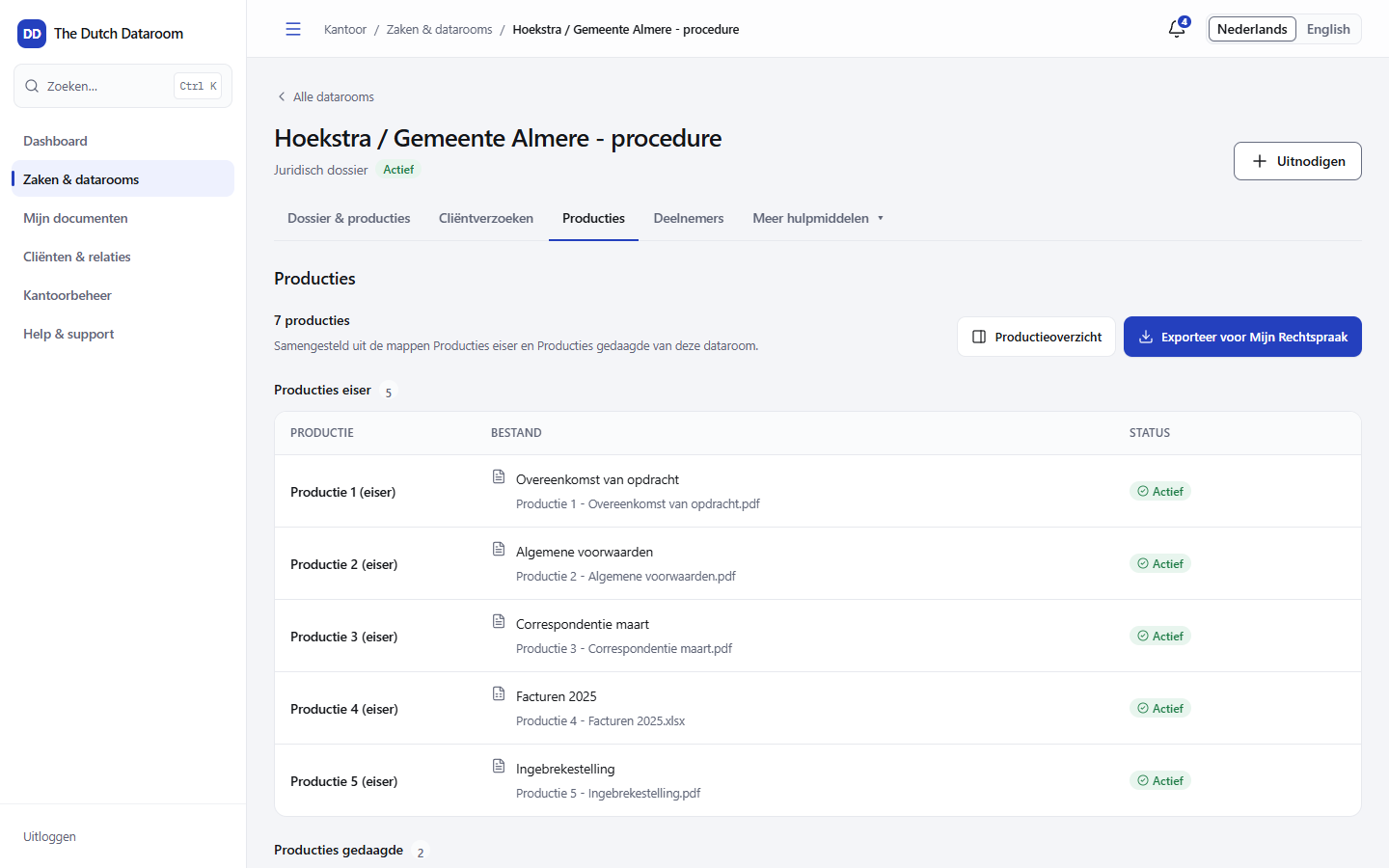 Productieoverzicht met productienummer, bestand en status per stuk